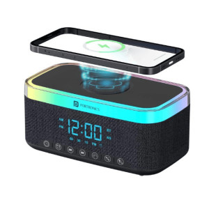 Portronics Trifusion 16W HD Sound Bluetooth Speaker with 15W Wireless Charging  360  RGB LED Lights  Digital Clock with Alarm Setting  Built in White Noise  USB SD Card AUX in  Type C Charging Black