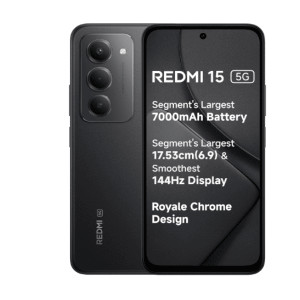 Redmi 15 5G    Segment s Largest 7000mAhA Battery   Segment s Largest Display 17.53cm 6.9  Up to 144Hz   Snapdragon 6s Gen 3   18W Reverse Charging   50MP AI Dual Camera