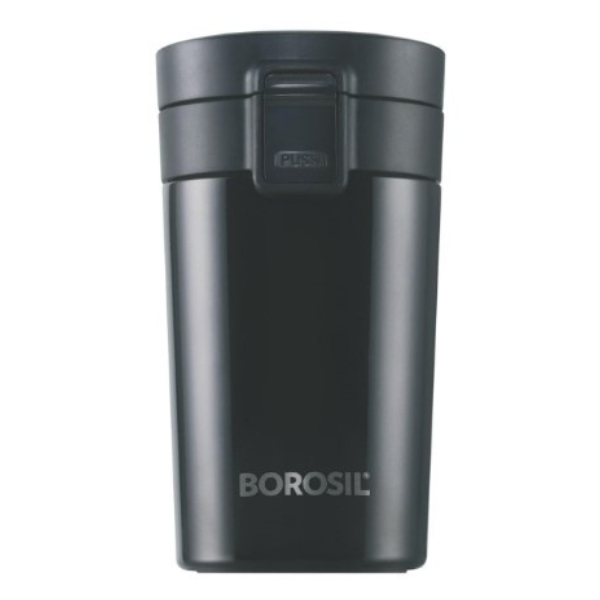 Borosil   vacuum insulated Hydra Coffeemate stainless Steel travel mug   spill proof   hot and cold BT300BLK110 300ml