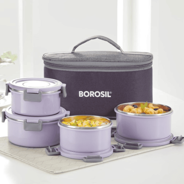 Borosil Glory Lavender Stainless Steel Lunchbox with Bag   4 pcs Round Set  280ml x 2   460ml x 2    Microwavable Tiffin with Food Grade Steel   Leakproof   Dishwasher Safe   1 Year Warranty