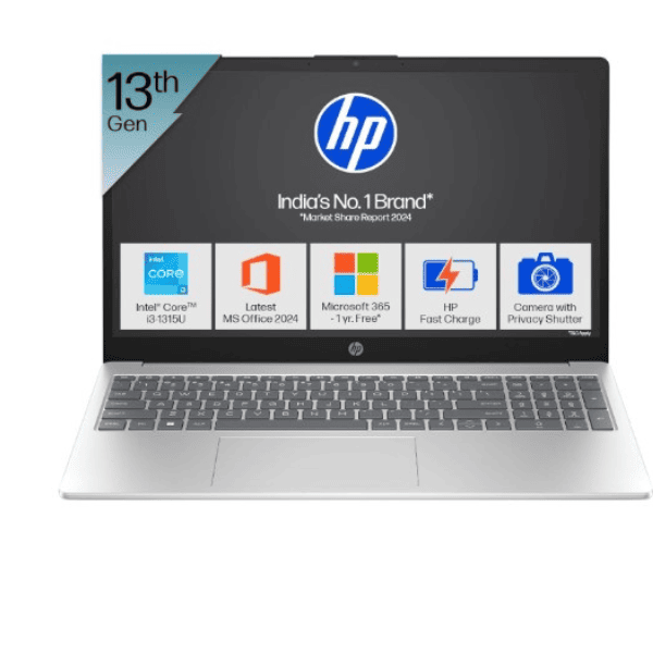 HP 15  13th Gen Intel Core i3 1315U Laptop  8GB DDR4  512GB SSD   Antiglare  15.6   39.6cm  FHD  Win 11  M365 Basic 1yr   Office Home 24  Silver  1.59kg  FHD Camera w Privacy Shutter  fd0465TU