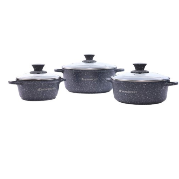 Wonderchef Granite Die Cast Non Stick 6 Piece Casserole Set with Lids   Induction Bottom   Soft Touch Handles   3.5mm Thick   2 Years Warranty   Grey