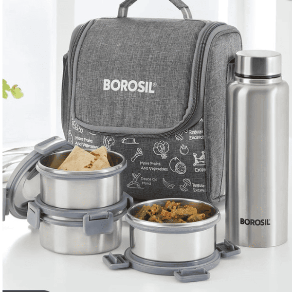 Borosil Slate Stainless Steel Lunchbox w SS Bottle   280ml x 3 PLUS 600ml Bottle x 1