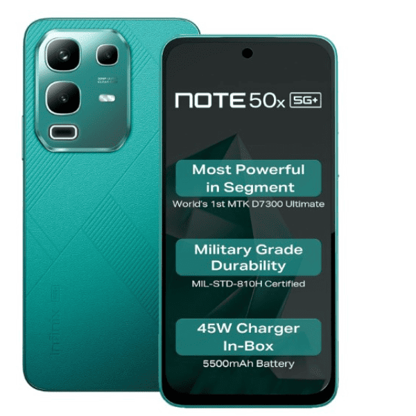 Infinix Note 50x 5G   Sea Breeze Green  8GB RAM  128GB Storage    MediaTek Dimensity 7300   50MP Dual Rear Camera  6.78  AMOLED Display   5000mAh Battery   33W Fast Charging   Upto 16GB RAM Expansion
