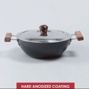 Ebony Hard Anodized 24 cm Wok with Lid 2.7 L   Ideal for Biryani  Pulao   Black