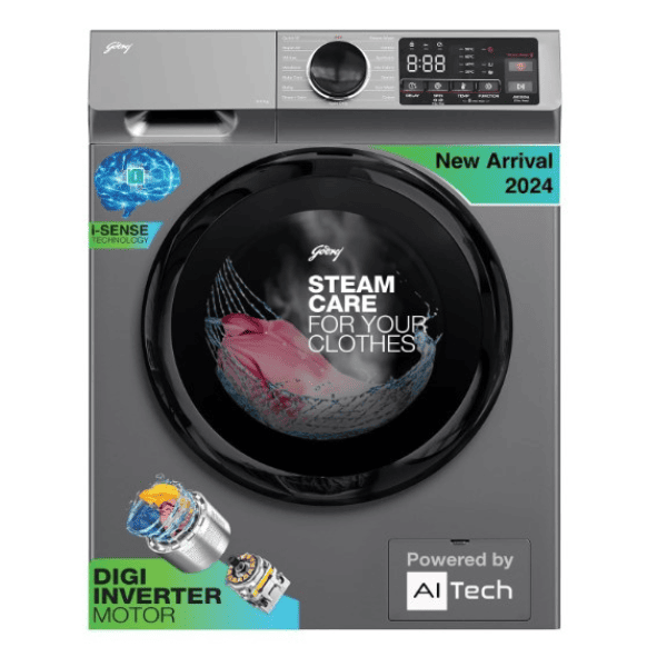 Godrej 8 Kg 5 Star  With AI Tech  Digi Inverter Fully Automatic Front Load Washing Machine  2024 Model  WFEON CEL 8014 IEBT SLSR  Silver Stream  With Steam Wash