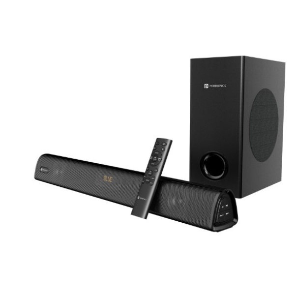 Portronics Pure Sound 106   120W Bluetooth Soundbar with Wired Subwoofer for Deep Bass  2.1 Channel Home Theatre  HD Sound 3 EQ Modes  BT 5.3V HDMI  AUX in  USB Port  Sleek Remote Control Black