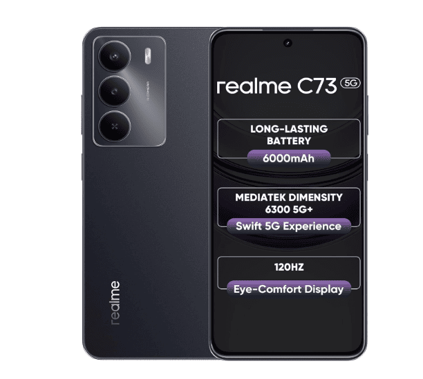 Realme C73 5G Smartphone 6 GB 128 GB Onyx Black 6.67 inch Screen  120Hz Display 6000mAh Battery  40MP Camera  MediaTek Dimensity 6300 Processor  IP64