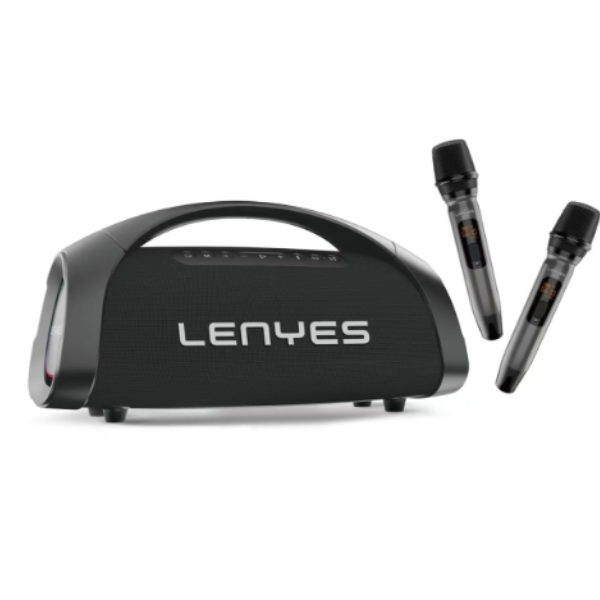 Lenyes S873 400W Peak Power Bluetooth Party Speaker   2 Wireless UHF Mics   30000mAh Battery   TWS Stereo Pairing   IPX6 Water Resistant   Supports Fast Charging   RGB Lights   Guitar Input  Black
